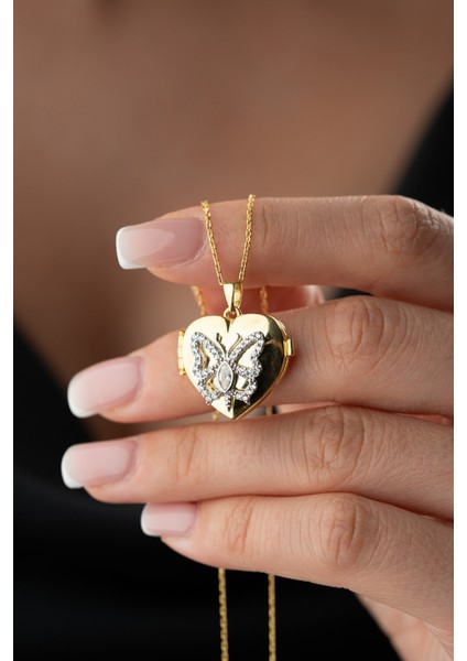 925 Ayar Gümüş Kalpli Kelebekli Resimlik Kolye fiyatları