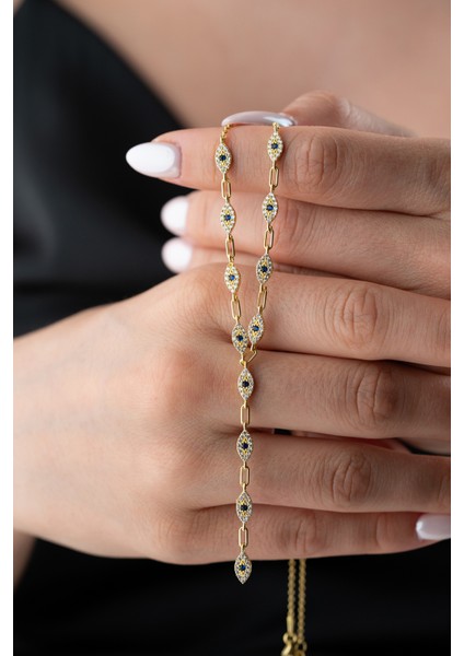 925 Ayar Gümüş Taşlı Y Zincir Göz Kolye