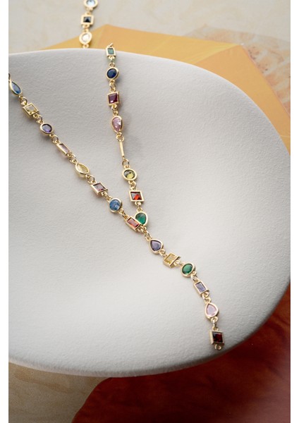 925 Ayar Gümüş Renkli Taşlı Y Zincir Kolye indirimleri