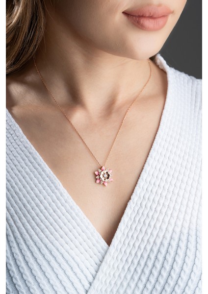 925 Ayar Gümüş Pembe Mineli Lotus Çiçeği Kolye