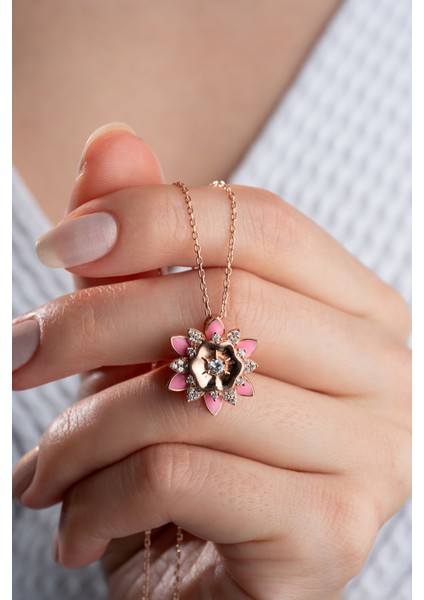 925 Ayar Gümüş Pembe Mineli Lotus Çiçeği Kolye fiyatları