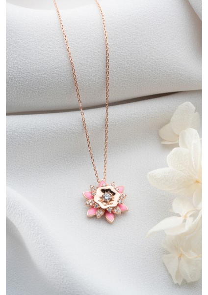 925 Ayar Gümüş Pembe Mineli Lotus Çiçeği Kolye modelleri