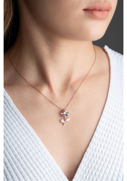 925 Ayar Gümüş Renkli Çiçek Kolye