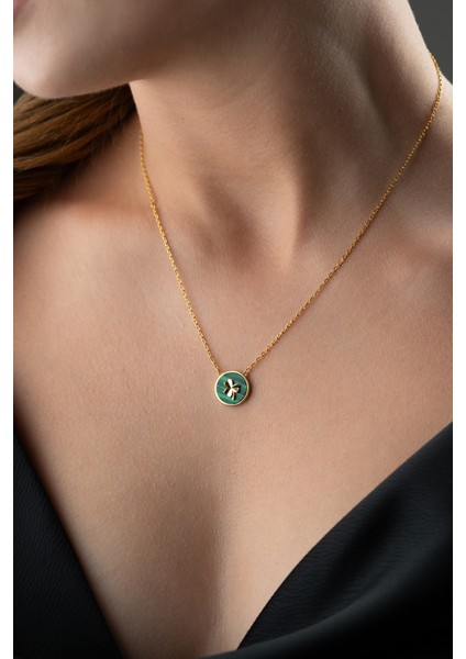 925 Ayar Gümüş Malakit Taşlı Yonca Şans Kolye