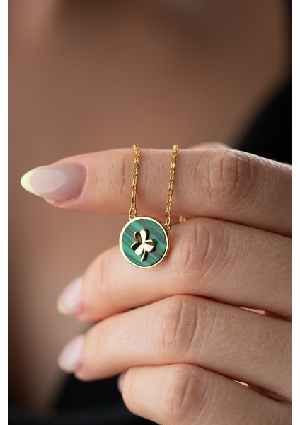 925 Ayar Gümüş Malakit Taşlı Yonca Şans Kolye modelleri