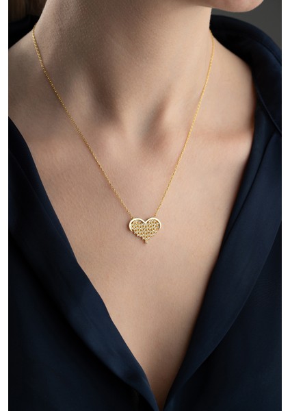 925 Ayar Gümüş Gold Zirkon Taşlı Kalp Kolye