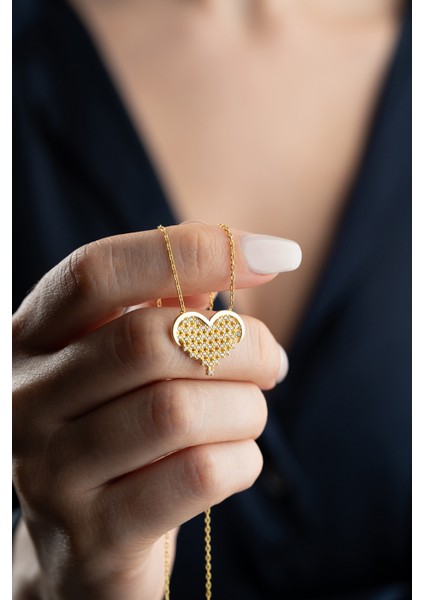 925 Ayar Gümüş Gold Zirkon Taşlı Kalp Kolye modelleri