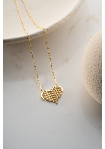 925 Ayar Gümüş Gold Zirkon Taşlı Kalp Kolye fırsatları