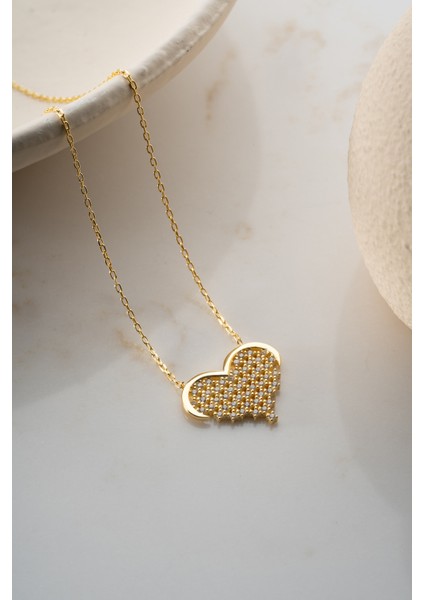925 Ayar Gümüş Gold Zirkon Taşlı Kalp Kolye indirimleri