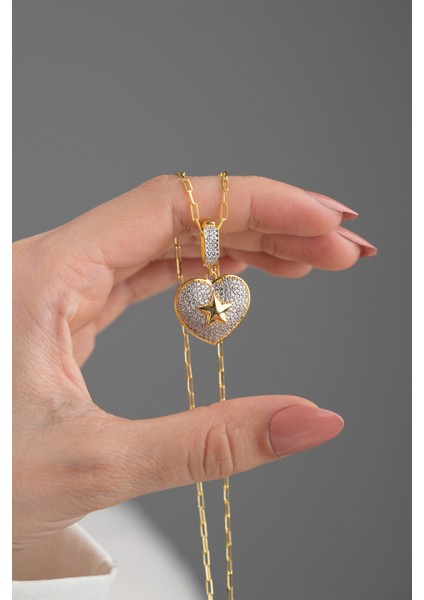 925 Ayar Gümüş Taşlı Yıldızlı Kalp Kolye