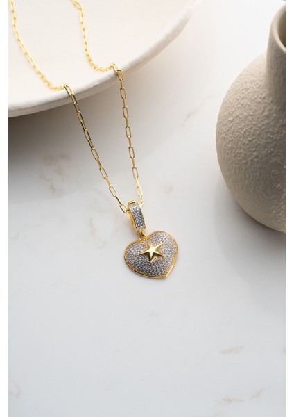 925 Ayar Gümüş Taşlı Yıldızlı Kalp Kolye fırsatları