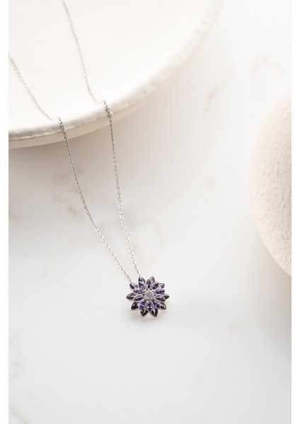 925 Ayar Gümüş Zirkon Mor Taşlı Lotus Kolye modelleri