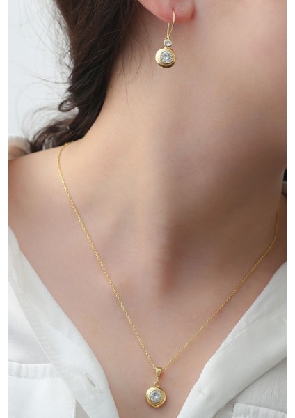 925 Ayar Gümüş Trend Tektaş Kolye-Küpe Takı Seti