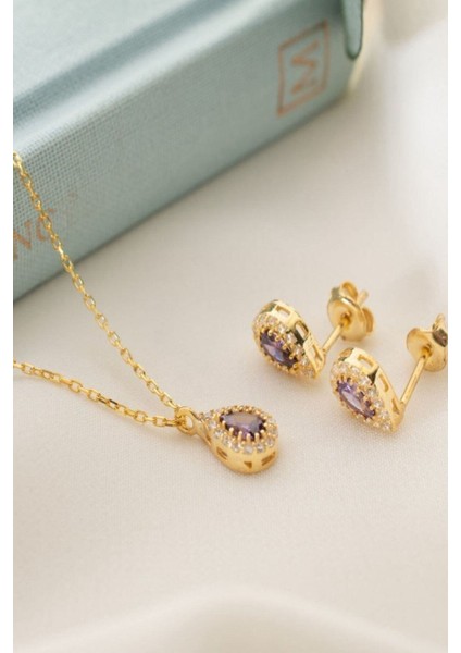 925 Ayar Gümüş Şubat Ayı Doğum Taşı ( Ametist ) Kolye - Küpe Seti fiyatları