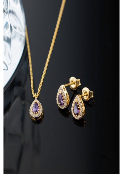 925 Ayar Gümüş Şubat Ayı Doğum Taşı ( Ametist ) Kolye - Küpe Seti modelleri