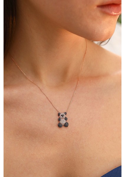 925 Ayar Rose Siyah Beyaz Taşlı Panda Gümüş Kolye