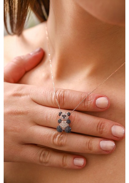 925 Ayar Rose Siyah Beyaz Taşlı Panda Gümüş Kolye modelleri