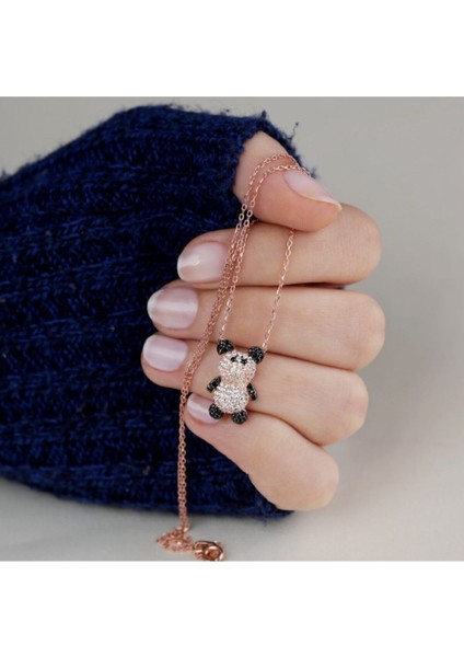 925 Ayar Rose Siyah Beyaz Taşlı Panda Gümüş Kolye fırsatları