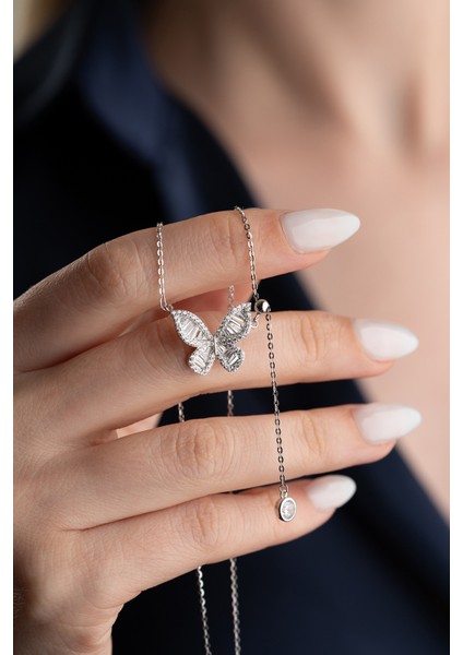 925 Ayar Gümüş Baget Taşlı Kelebek Kolye fiyatları