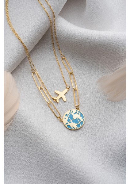 925 Ayar Gümüş Gold Dünya Kolye