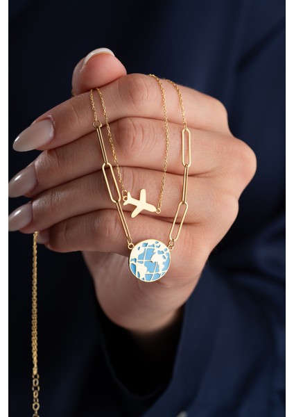 925 Ayar Gümüş Gold Dünya Kolye fiyatları