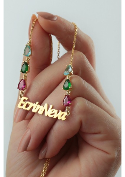 925 Ayar Gümüş Isimli Renkli Taş Kolye