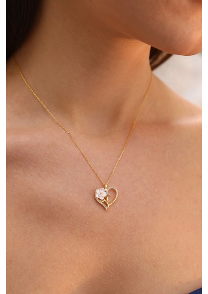 925 Ayar Gümüş Sedefli Gül Sarmaşık Kalp Kolye modelleri