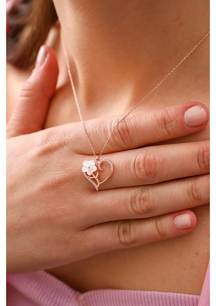 925 Ayar Gümüş Sedefli Gül Sarmaşık Kalp Kolye fırsatları