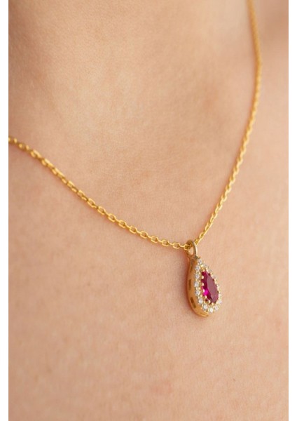 925 Ayar Gümüş Temmuz Ayı Doğum Taşı ( Ruby ) Kolye - Küpe Seti