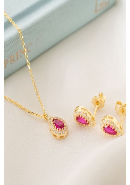 925 Ayar Gümüş Temmuz Ayı Doğum Taşı ( Ruby ) Kolye - Küpe Seti fiyatları