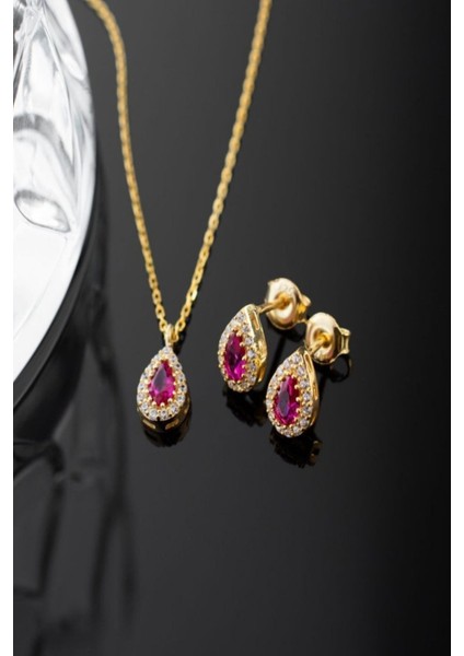 925 Ayar Gümüş Temmuz Ayı Doğum Taşı ( Ruby ) Kolye - Küpe Seti fırsatları