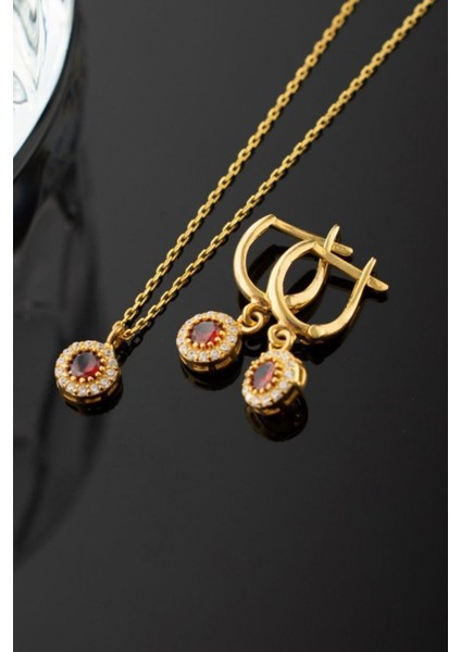 925 Ayar Gümüş Kırmızı Taşlı Kolye-Küpe Takı Seti indirimleri