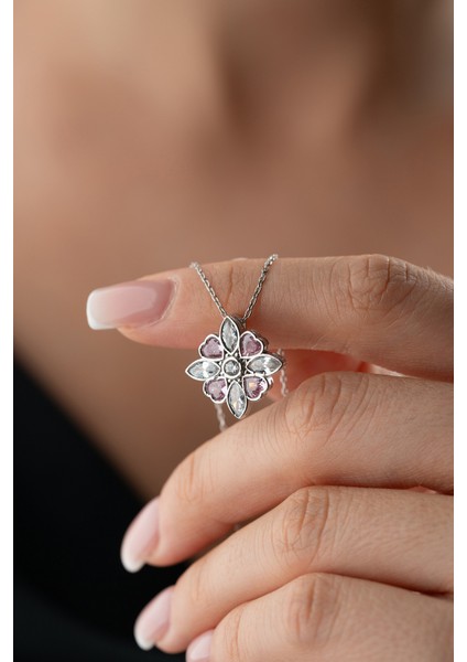 925 Ayar Gümüş Pembe Taşlı Manolya Çiçeği Kolye modelleri