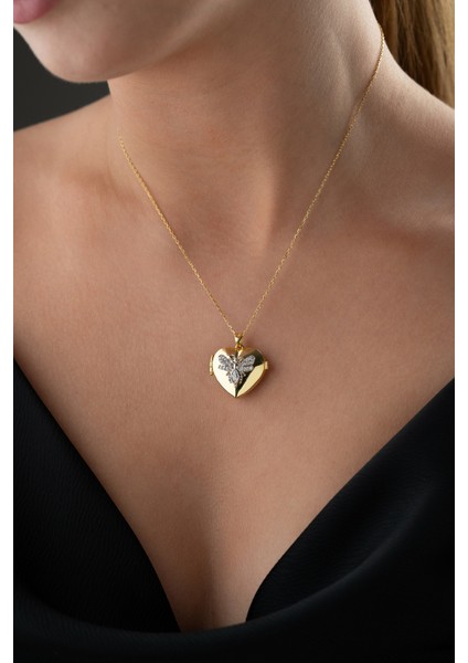 925 Ayar Gümüş Resimlik Kalpli Kelebekli Kolye