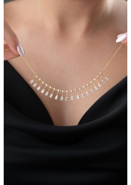 925 Ayar Gümüş Damla Taşlı Sıralı Zincir Kolye