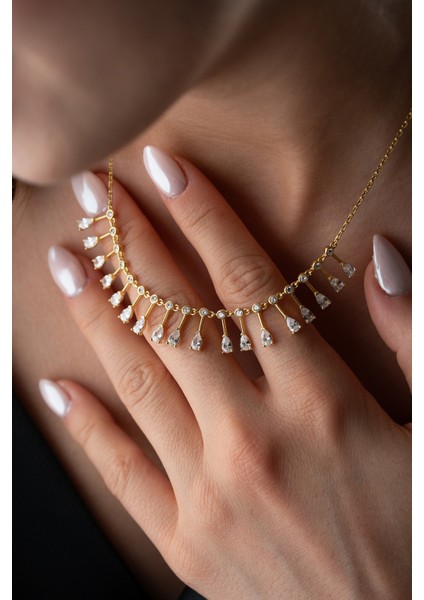 925 Ayar Gümüş Damla Taşlı Sıralı Zincir Kolye fiyatları