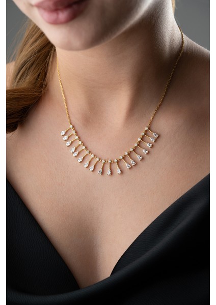 925 Ayar Gümüş Damla Taşlı Sıralı Zincir Kolye modelleri