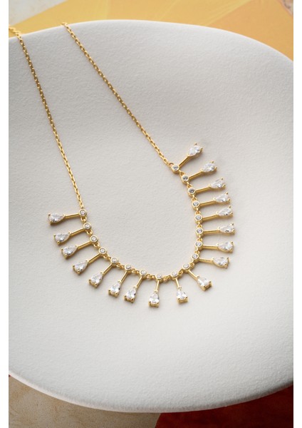 925 Ayar Gümüş Damla Taşlı Sıralı Zincir Kolye indirimleri