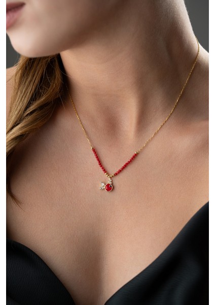 925 Ayar Gümüş Boncuklu Kırmızı Mineli Balık Kolye