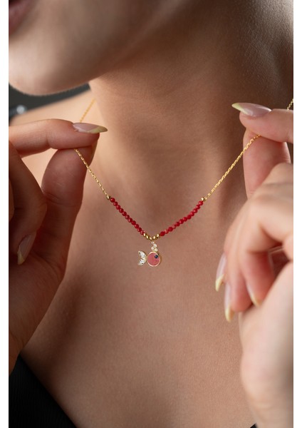 925 Ayar Gümüş Boncuklu Kırmızı Mineli Balık Kolye fiyatları