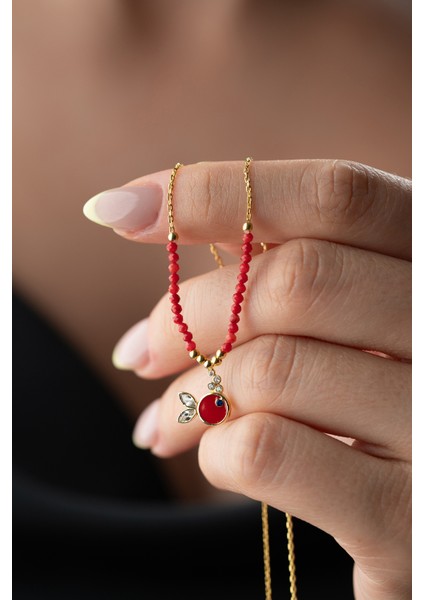 925 Ayar Gümüş Boncuklu Kırmızı Mineli Balık Kolye modelleri