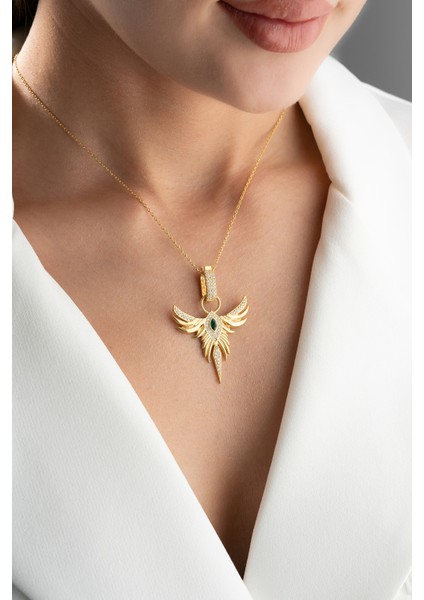 925 Ayar Gümüş Gold Zirkon Zümrüdüanka Kolye