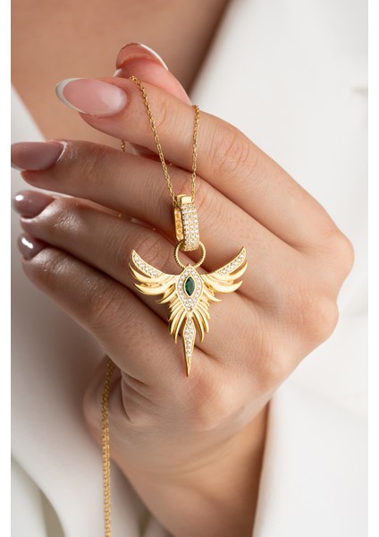 925 Ayar Gümüş Gold Zirkon Zümrüdüanka Kolye fiyatları