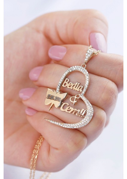 925 Ayar Gümüş Isimli Tarihli Kelebekli Kalp Kolye
