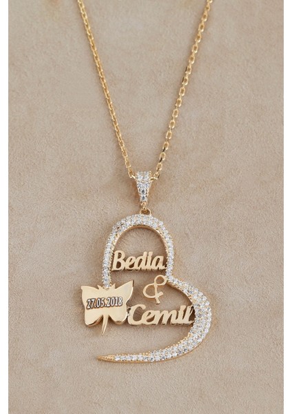 925 Ayar Gümüş Isimli Tarihli Kelebekli Kalp Kolye modelleri