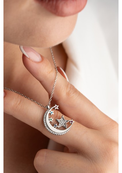 925 Ayar Gümüş Zirkon Taşlı Ayyıldız Kolye fiyatları