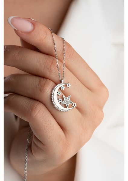 925 Ayar Gümüş Zirkon Taşlı Ayyıldız Kolye modelleri