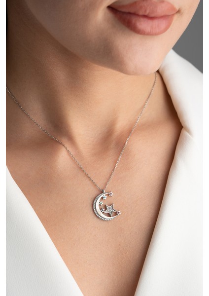 925 Ayar Gümüş Zirkon Taşlı Ayyıldız Kolye fırsatları