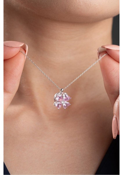 925 Ayar Gümüş Dönen Pembe Çiçek Kolye modelleri