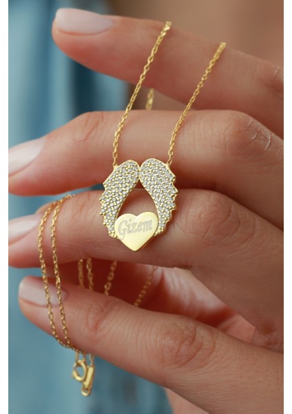 925 Ayar Gümüş Isimli Kanatlı Kalp Kolye